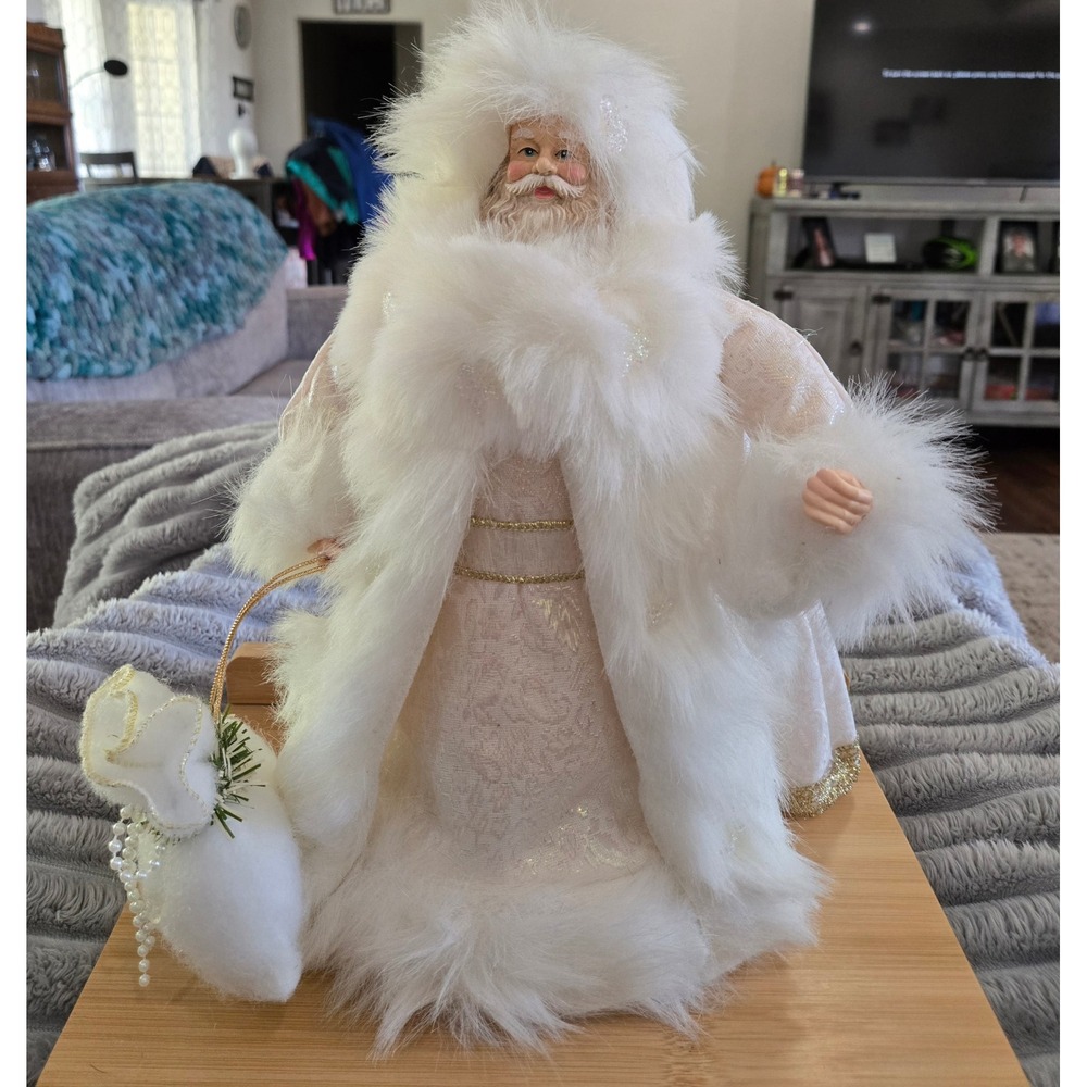 White Santa Claus Tree Topper Figurine Faux Fur Gold Trim Holiday Decor 14 inch